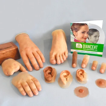 13 prostheses samples arranged in a wooden case with the engraved Dianceht logo. An informative brochure from Dianceht with the company logo and an image of a little girl with her ear prosthesis smiling.